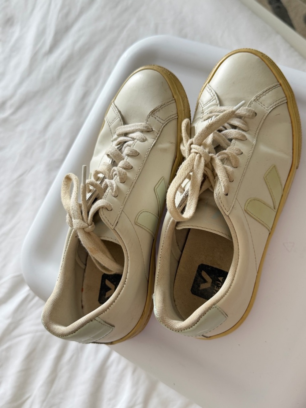 Veja White Leather Campo Sneakers with blue accents